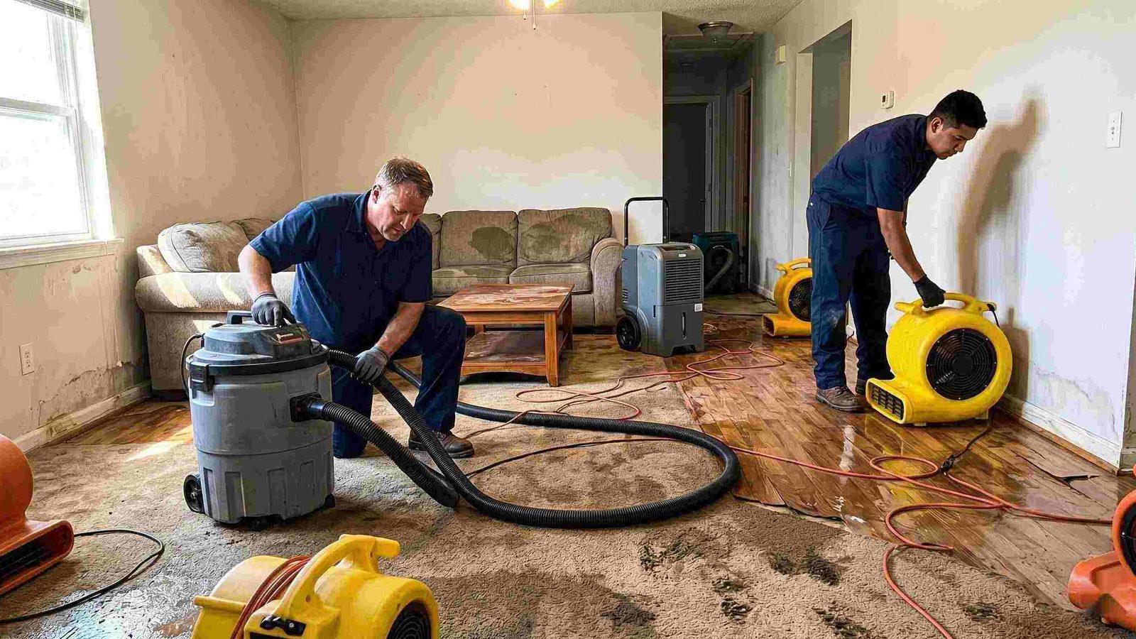 Restoration technicians extracting water and setting drying equipment inside a water damaged interior