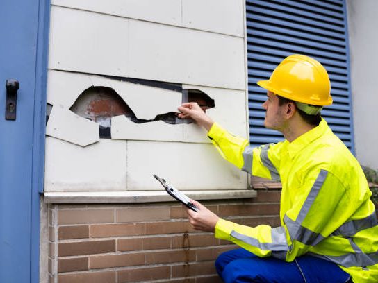 Contractor inspecting and documenting property damage on site